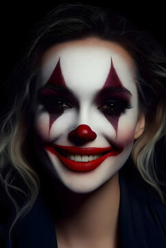 Intense close-up of beautiful clown with unnerving smile. Classic horror beauty portrait.
