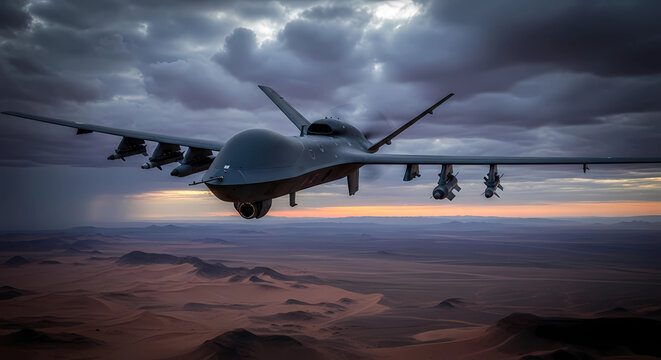 Military Combat Drones UCAV Flying in Formation over Desert Landscape at Dramatic Sunset - Unmanned Aerial Vehicle Warfare and Defense Technology Editorial Concept