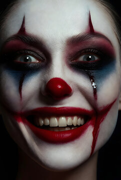 Intense close-up of beautiful clown with unnerving smile. Classic horror beauty portrait.