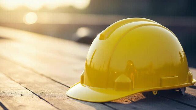 Yellow Safety Helmet Rests On Wooden Planks With Bokeh Light In The Background For Construction Safety Work-related Visual Content Demonstrating Protection