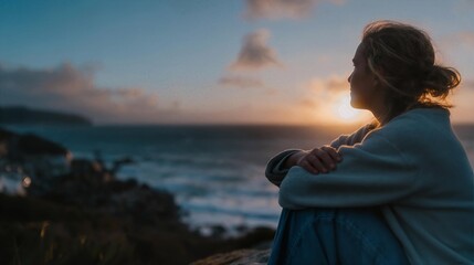 Fototapeta premium Young person sitting alone on a cliff edge watching the sun rise over the ocean with arms wrapped around knees in quiet reflection