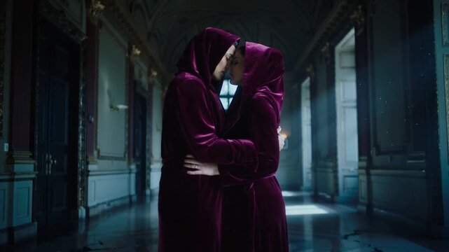 Tilting head, hooded pair drawing closer in grand hall, kissing affectionately in maroon robes