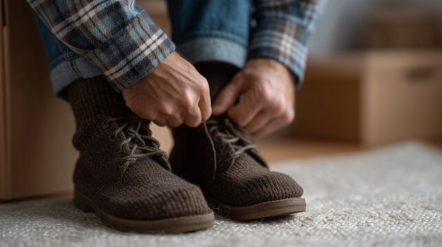 Ready to Embark: Capturing a person tying up his boots, signifying preparation and readiness for new beginnings, adventures, or work, against a backdrop hinting at a new home and a new chapter. 