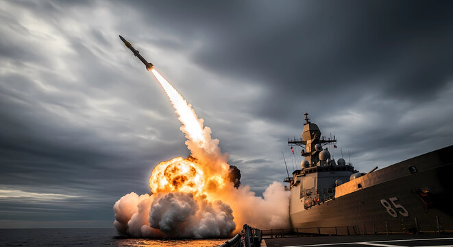Naval Warship Launching Surface to Air Missile with Massive Fire Explosion at Sea - Military Defense and Naval Combat Editorial Concept