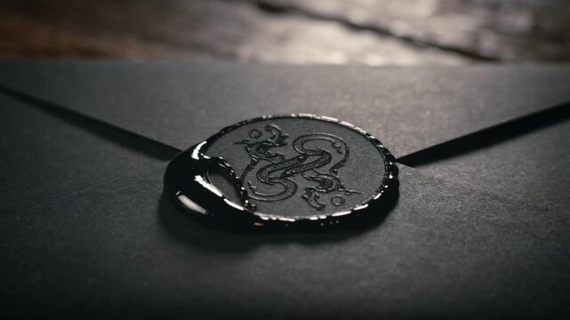 Pressing brass stamp molten black wax pooling on dark envelope on tabletop revealing serpent seal