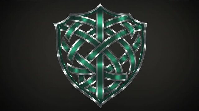 Looping rotating shield revealing Celtic knot and shifting highlights at dark backdrop, green inlay
