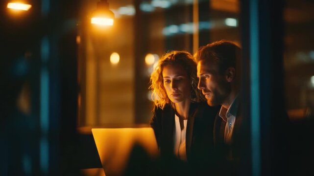 Nighttime Partnership: A pair of professional individuals collaborate over a laptop, working through the late hours in a dimly lit setting.