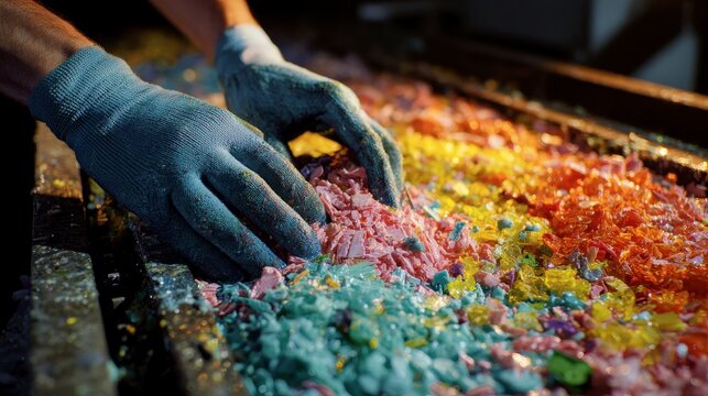 Close-up of gloved hands sorting colorful plastic scraps in a recycling process. Vivid hues fill the frame, with visible detail