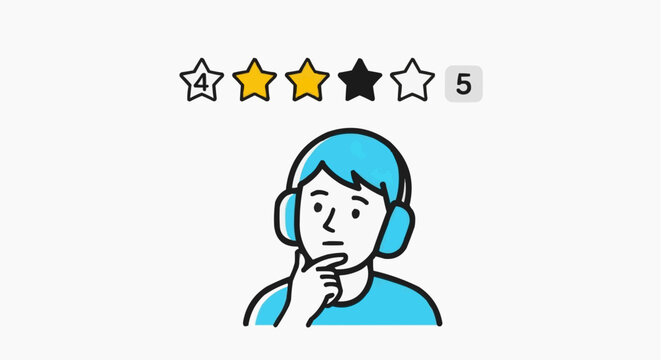 A person in a headset thinking with a rating of 4 out of 5 stars