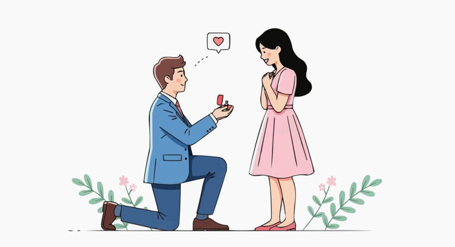 A man proposing to a woman with a ring and a heart above his head