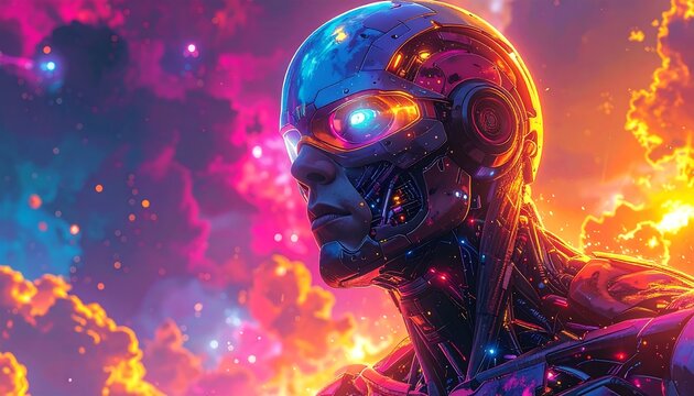 A futuristic cyborg gazes upwards against a vibrant cosmic backdrop. Its metallic head reflects the nebula?s colors with glowing eyes