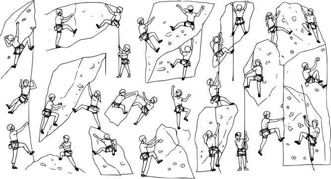 Black and white line art of rock climbers in various poses, hand-drawn sketch illustration depicting people engaged in the outdoor sport and adventure activity.