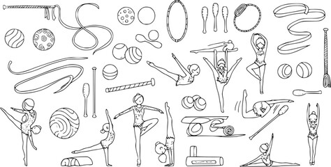 Rhythmic Gymnastics Doodle Set. Hand-drawn collection of gymnasts in various poses, along with apparatus like ribbons, balls, hoops, clubs, and ropes. Sports equipment. © kulinadsgn