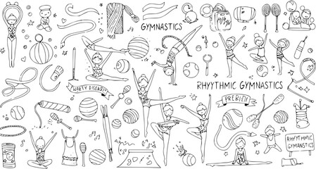 Rhythmic Gymnastics Doodle Art: Hand-Drawn Vector Illustration of Gymnasts, Balls, Ribbons, Clubs, and More © kulinadsgn