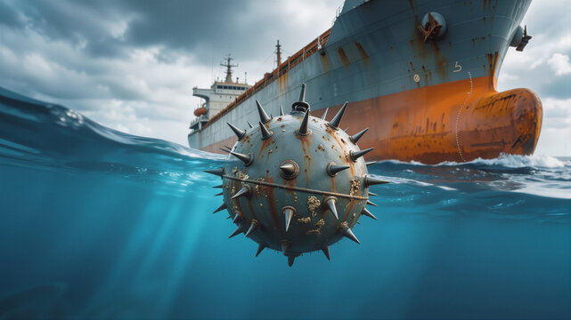 Submerged naval mine positioned in path of approaching cargo ship. Conceptual illustration of maritime security threats and naval warfare.