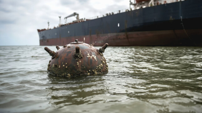 Threat of naval mines in shipping lanes with a rusty explosive device floating near a large tanker. Concept of maritime security risks and naval warfare.