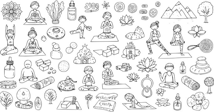 Hand-Drawn Yoga, Meditation, and Wellness Doodle Collection. Featuring Poses, Lotus Flowers, Mountains, Spa Items, and Spiritual Symbols in Black and White Outline Art.