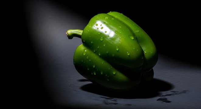 Fresh green bell pepper with water droplets on a dark background under dramatic lighting. poivron vert