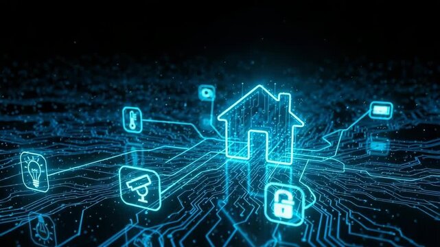 Glowing Digital Smart Home Concept Depicting House Icon Interconnected With Various Devices Security Symbols Circuit Board Style Background Conceptual For Technology Security Automat