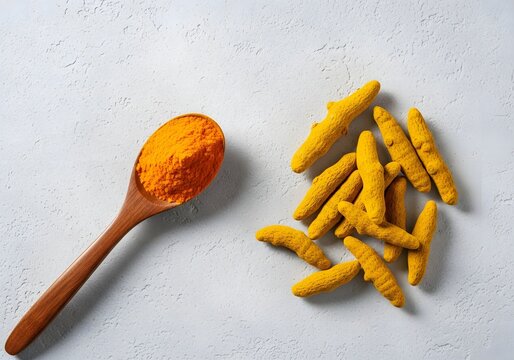 Turmeric powder and roots still life top view