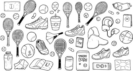 Hand-drawn doodle seamless pattern of tennis equipment and sports accessories, including rackets, balls, shoes, and gear, in black and white sketch style. © kulinadsgn