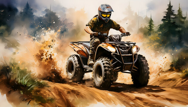 All terrain vehicle rider speeding through a muddy forest trail