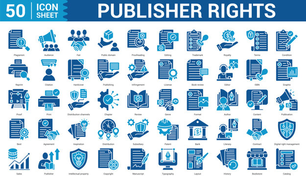 Publisher Rights editable Icon Set Collection Concept With Icon Of plagiarism, audience, fair, public domain, proofreading, editing, and more. Illustration eps 10