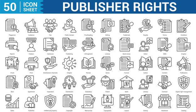 Publisher Rights editable Icon Set Collection Concept With Icon Of plagiarism, audience, fair, public domain, proofreading, editing, and more. Illustration eps 10