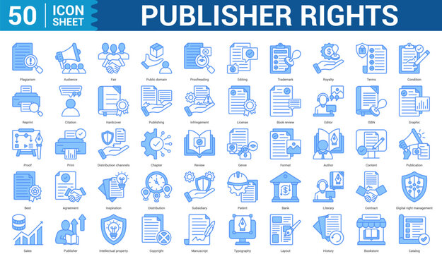 Publisher Rights editable Icon Set Collection Concept With Icon Of plagiarism, audience, fair, public domain, proofreading, editing, and more. Illustration eps 10