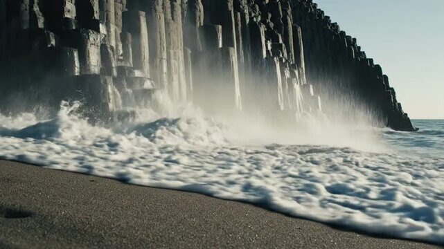 Waves crashing against hexagonal basalt columns on a black sand beach, creating a dramatic coastal scene with textured foreground.
