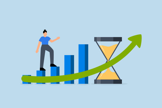 Time value of money, woman stroll up growth ascending graph with hourglass symbolizing time
