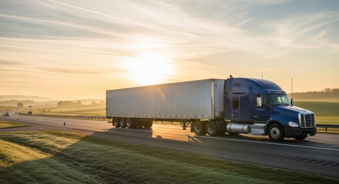 Blue Semi Truck on Highway at Sunset.