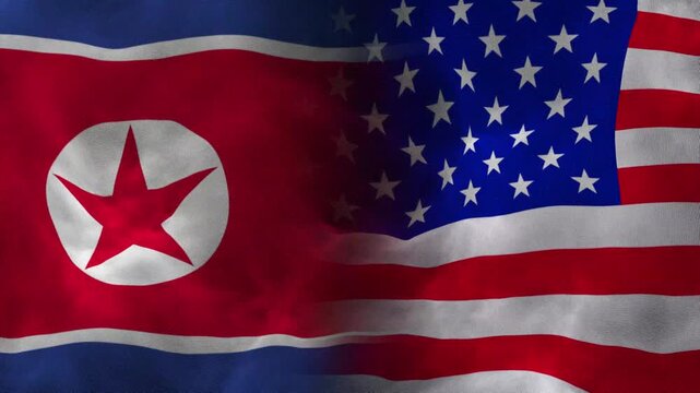 US and North Korean National Flags Waving in Slow Motion. USA-North Korea Nuclear Diplomacy and Potential Summit 2026 Concept
