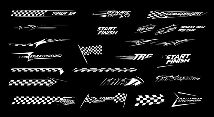 Set of Racing Car Decal Design Elements with Checkered Flags, Speed Lines, and StartFinish Typography for Motorsport Graphics and Vinyl Stickers © kulinadsgn