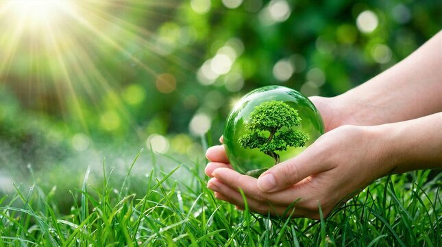 Hands holding a glass globe with a green tree inside over grass for eco friendly planet concept.
