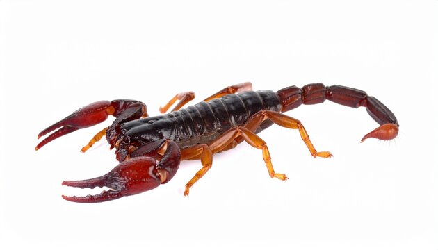 Closeup of a menacing red scorpion with pincer claws on white background