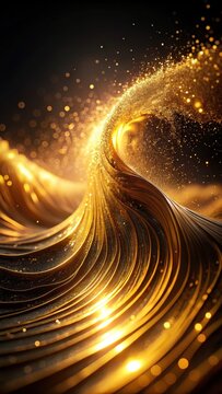 A photo of a golden wave undulating against a dark background, creating an ethereal and luxurious atmosphere The wave is made up of fine particles th