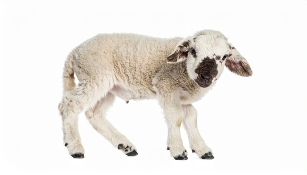 Adorable lamb with white and brown wool standing on white background