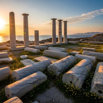 Ancient Ruins of Delos Island at Sunset, Greece.
