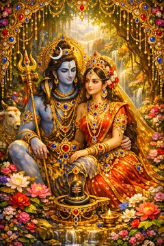 beautiful portrait of Hindu religion god Shiva or shiv and goddess Parvati ,decoration with color gem stone, sapphire and ruby jewels and ornate, for Hindu religion festival Maha Shivratri concept 