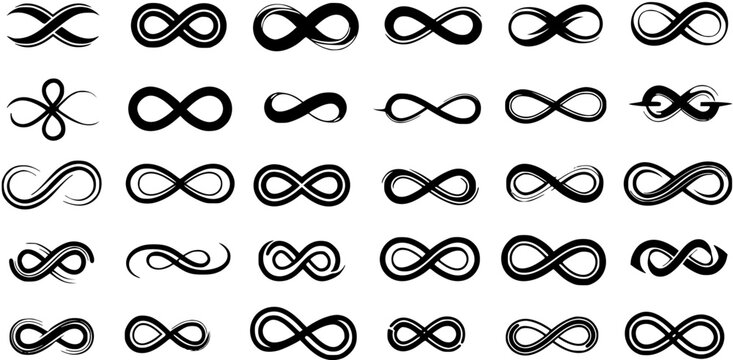 Collection of stylized black infinity symbols on white background, featuring various artistic, abstract, and simple endless loop designs for limitless concepts.