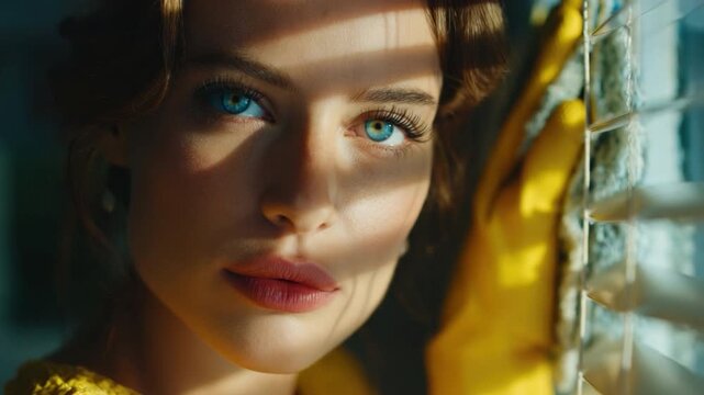 Intriguing Gaze: A captivating woman with striking blue eyes, illuminated by the soft play of light and shadow, offers a mesmerizing glance that hints at mystery.