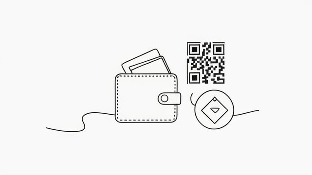 Minimalist illustration of a wallet and a QR code on a plain white background