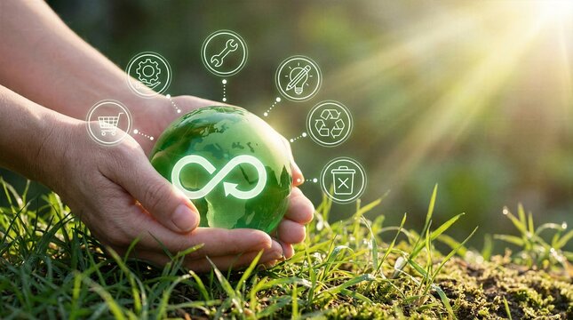 Hands holding green globe featuring infinity symbol and eco friendly manufacturing icons in sunlight