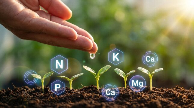 Agronomy science concept with virtual mineral symbols floating above freshly watered soil plants