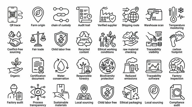Ethical Sourcing and Supply Chain Traceability Icon Set, ESG Compliance Audit Outline Vector