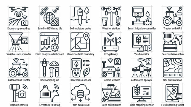 Precision Agriculture and Smart Farming Icon Set, AgTech IoT Drone Outline Vector