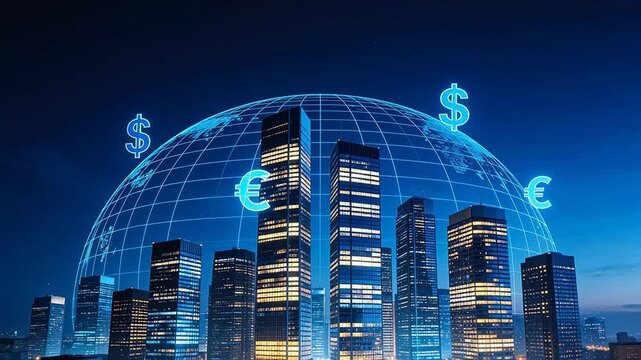 Global finance cityscape with currency symbols