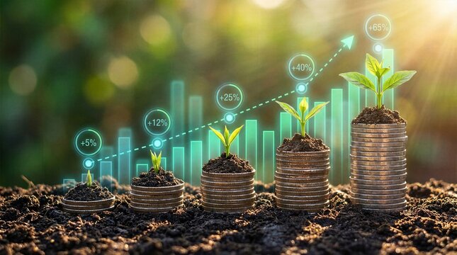 Financial success concept with seedlings sprouting from coin stacks and luminous upward trend chart