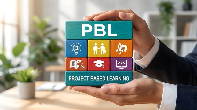 Hands Holding Colorful PBL Wooden Blocks Project-Based Learning Concept with Innovation, Collaboration, Coding, Research, Graduation & Startup Icons for Education & Modern Teaching Method Background